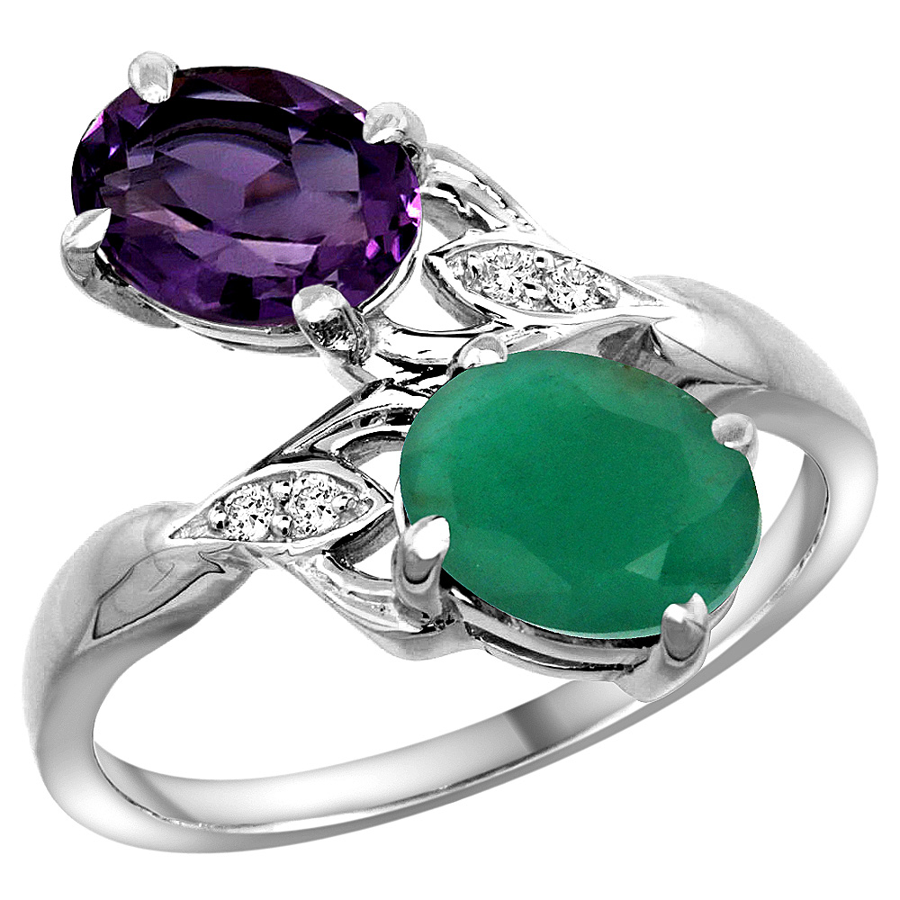 14K WHITE GOLD DIAMOND NATURAL AMETHYST & QUALITY EMERALD 2-STONE MOTHERS RING OVAL 8X6MM, SIZE 5 - 10