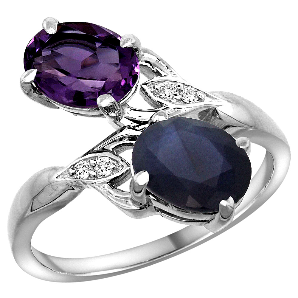 14k White Gold Diamond Natural Amethyst &amp; Quality Blue Sapphire 2-stone Mothers Ring Oval 8x6mm,sz5 - 10