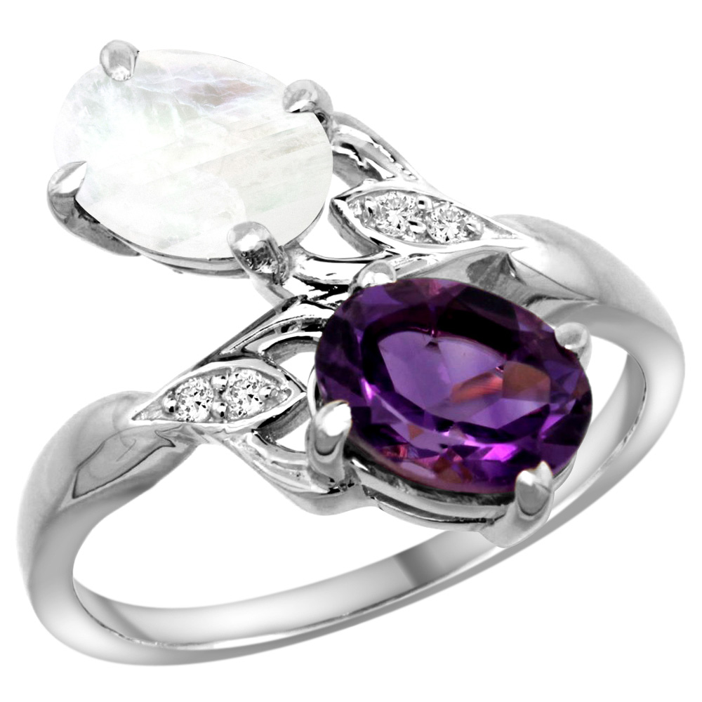 14K WHITE GOLD DIAMOND NATURAL AMETHYST & RAINBOW MOONSTONE 2-STONE RING OVAL 8X6MM, SIZES 5 - 10