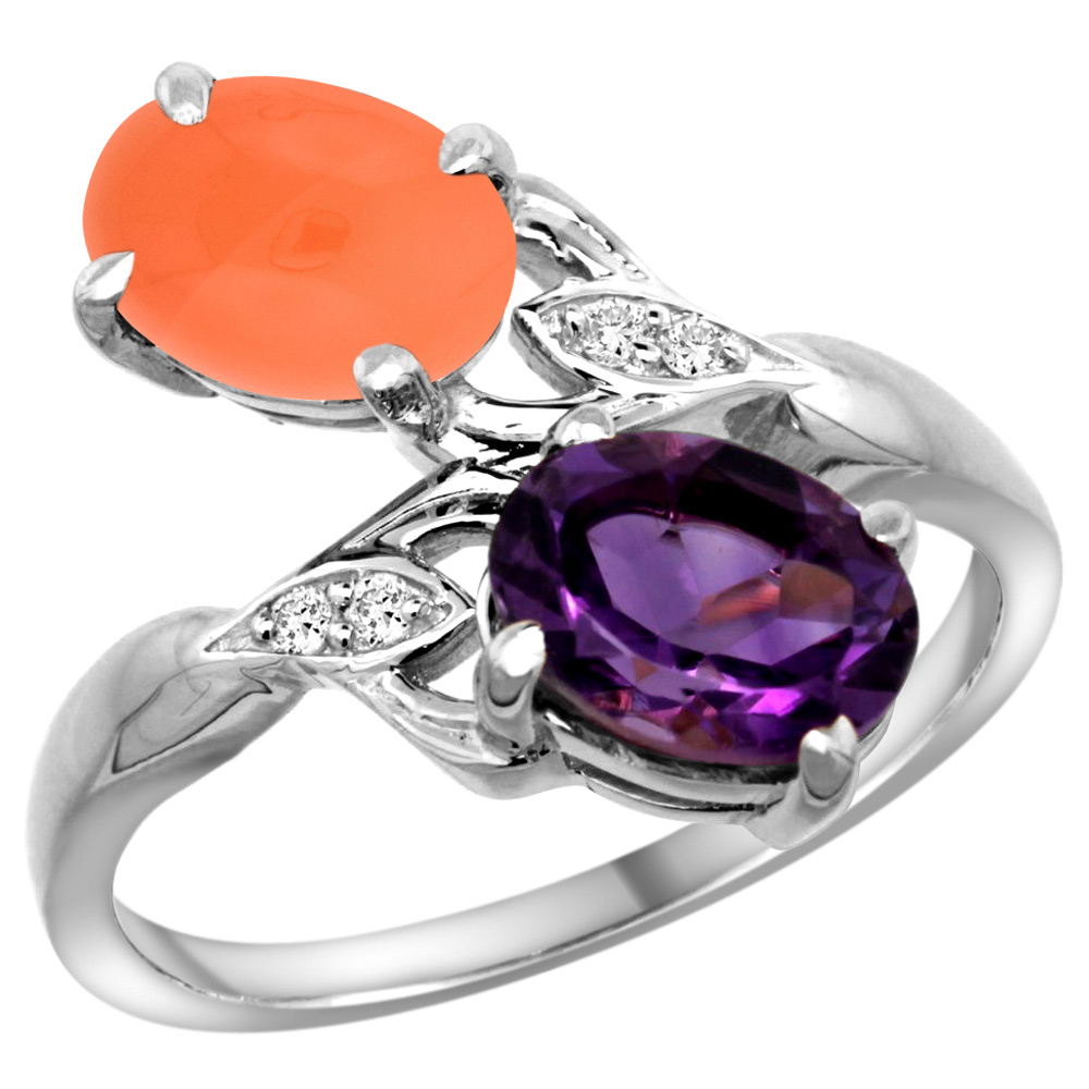 14K WHITE GOLD DIAMOND NATURAL AMETHYST & ORANGE MOONSTONE 2-STONE RING OVAL 8X6MM, SIZES 5 - 10