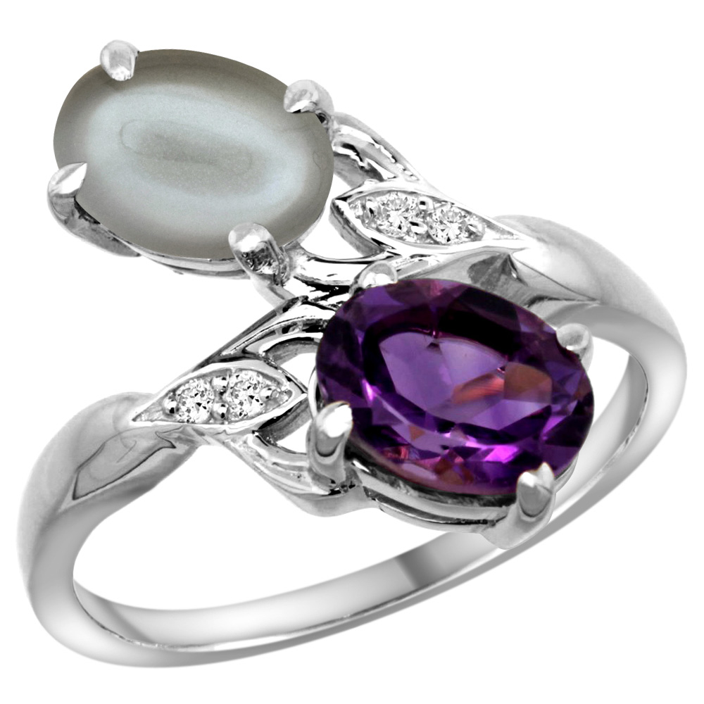 14K WHITE GOLD DIAMOND NATURAL AMETHYST & GRAY MOONSTONE 2-STONE RING OVAL 8X6MM, SIZES 5 - 10