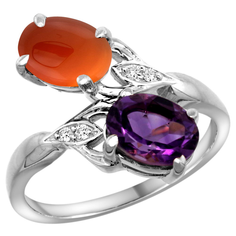 14K WHITE GOLD DIAMOND NATURAL AMETHYST & BROWN AGATE 2-STONE RING OVAL 8X6MM, SIZES 5 - 10