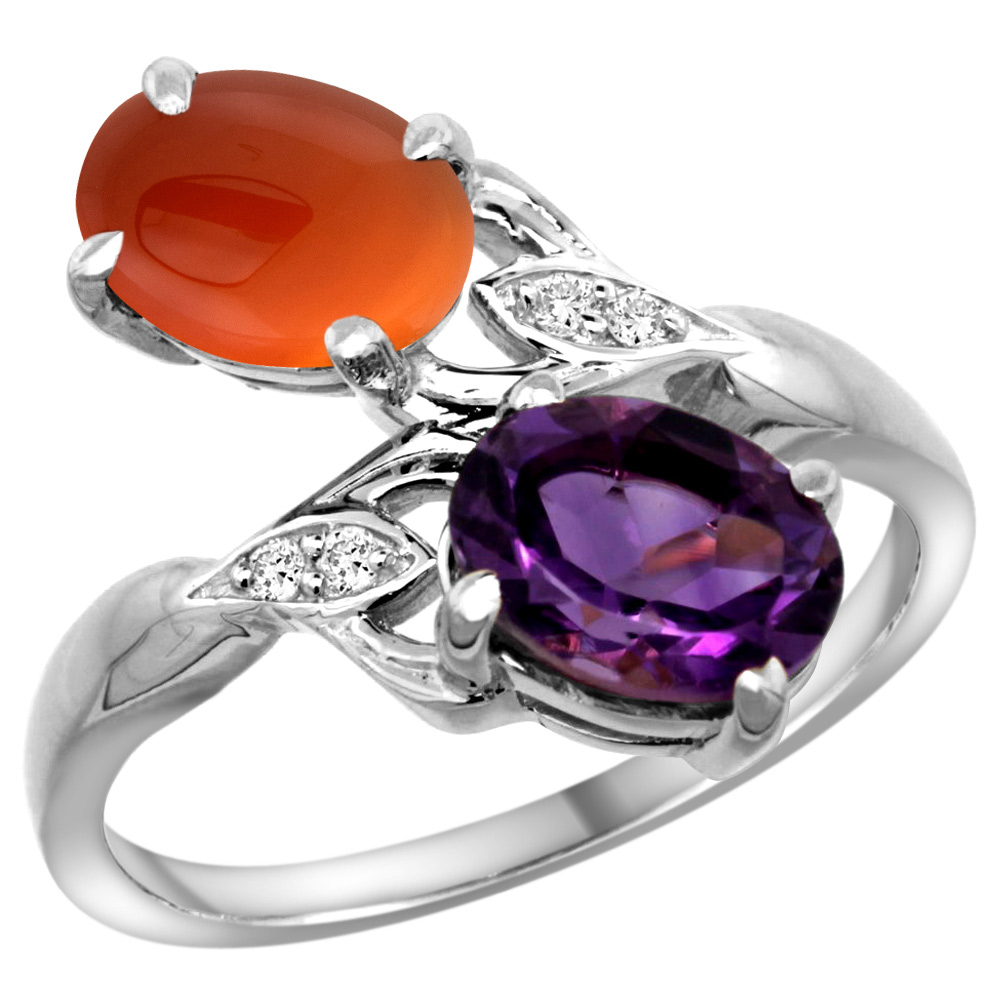 14k White Gold Diamond Natural Amethyst &amp; Brown Agate 2-stone Ring Oval 8x6mm, sizes 5 - 10