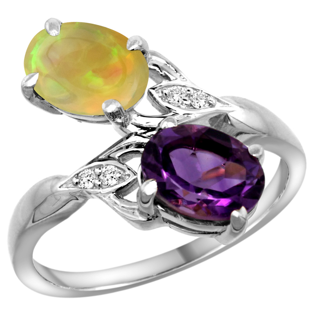 14k White Gold Diamond Natural Amethyst &amp; Ethiopian Opal 2-stone Mothers Ring Oval 8x6mm, size 5 - 10