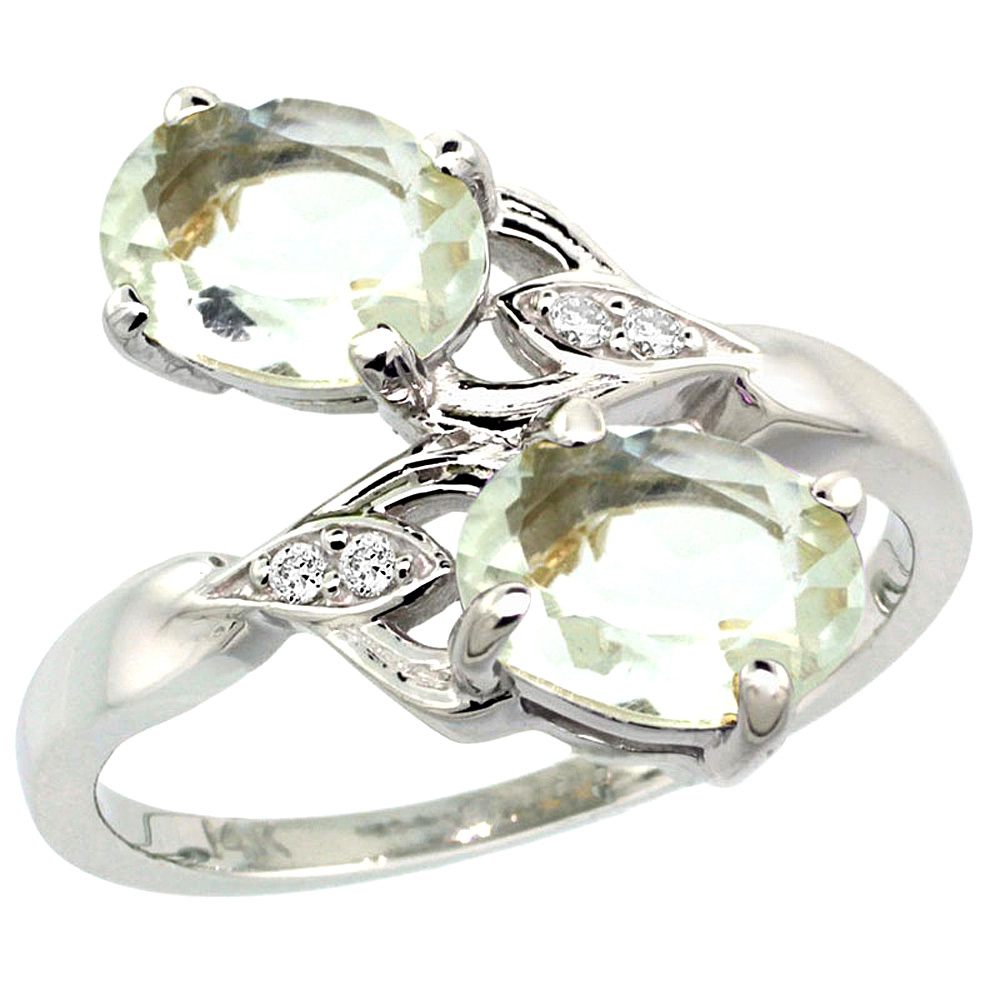 14K WHITE GOLD DIAMOND NATURAL GREEN AMETHYST 2-STONE RING OVAL 8X6MM, SIZES 5 - 10