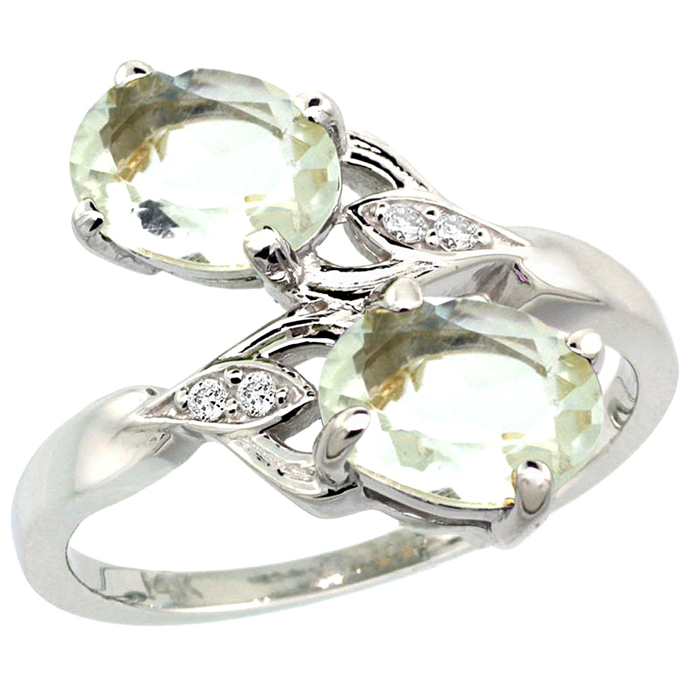 14k White Gold Diamond Natural Green Amethyst 2-stone Ring Oval 8x6mm, sizes 5 - 10