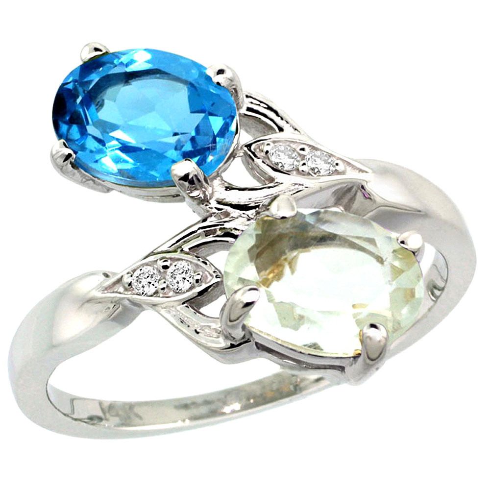 10K White Gold Diamond Natural Green Amethyst &amp; Swiss Blue Topaz 2-stone Ring Oval 8x6mm, sizes 5 - 10