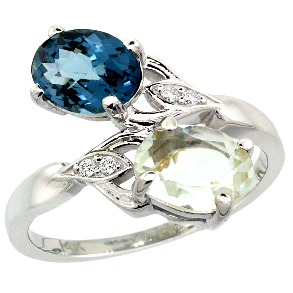 14K WHITE GOLD DIAMOND NATURAL GREEN AMETHYST & LONDON BLUE TOPAZ 2-STONE RING OVAL 8X6MM, SIZES 5 - 10