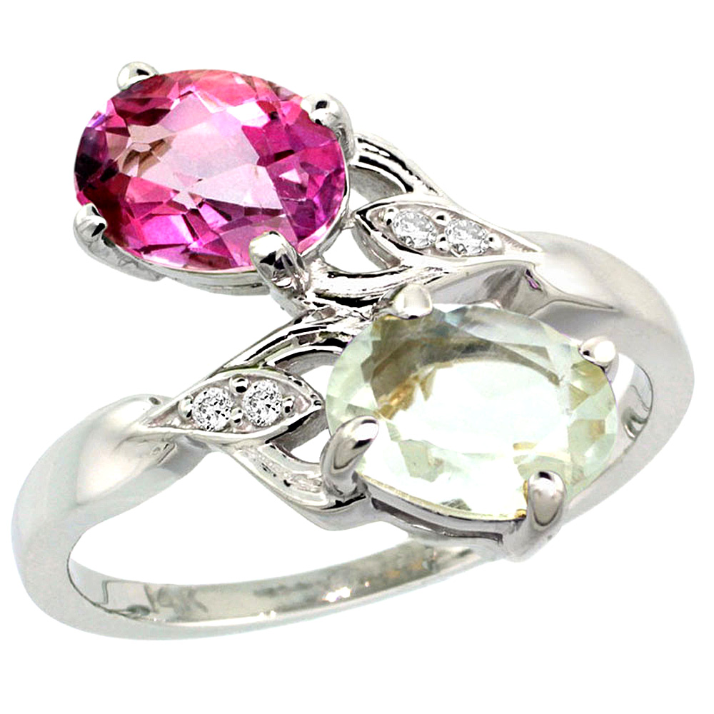 14k White Gold Diamond Natural Green Amethyst & Pink Topaz 2-stone Ring Oval 8x6mm, sizes 5 - 10