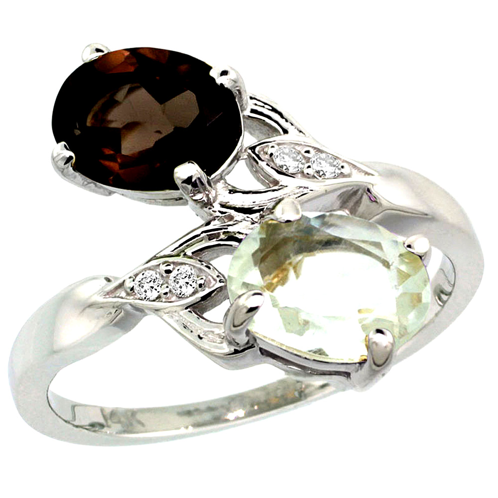 10K White Gold Diamond Natural Green Amethyst &amp; Smoky Topaz 2-stone Ring Oval 8x6mm, sizes 5 - 10
