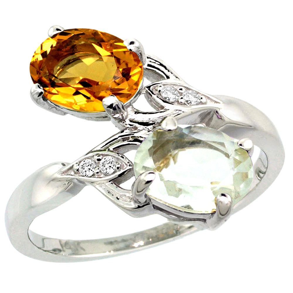14k White Gold Diamond Natural Green Amethyst & Citrine 2-stone Ring Oval 8x6mm, sizes 5 - 10