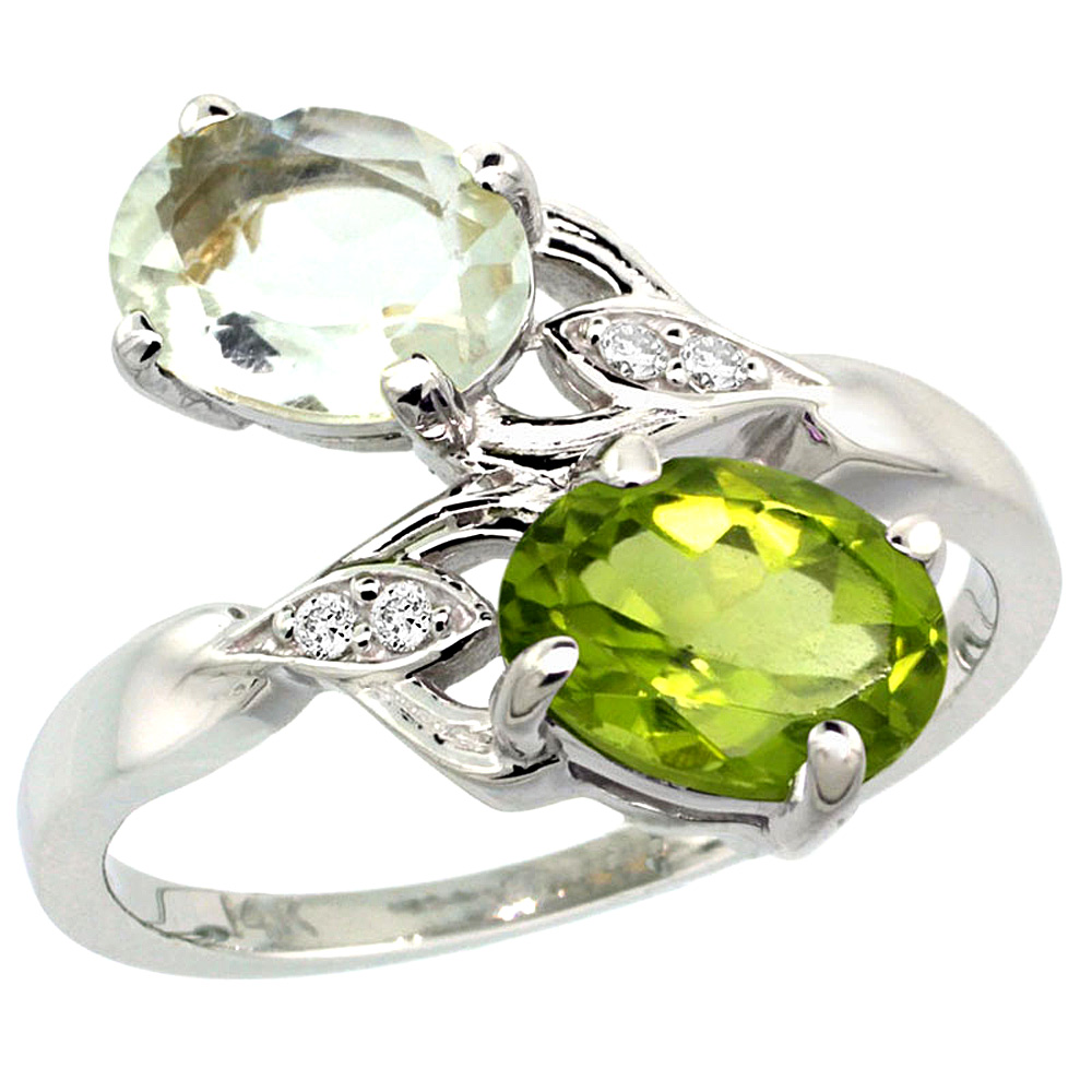 14K WHITE GOLD DIAMOND NATURAL GREEN AMETHYST & PERIDOT 2-STONE RING OVAL 8X6MM, SIZES 5 - 10