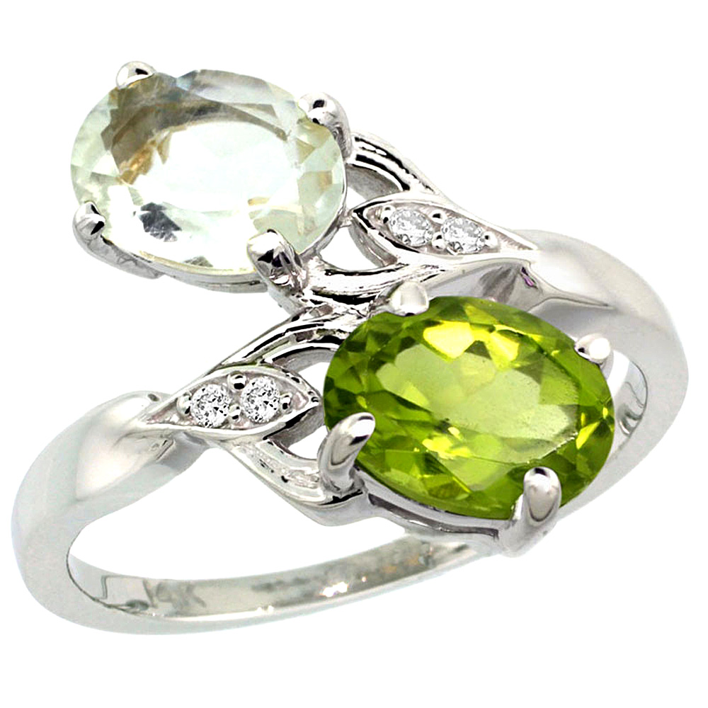 10K White Gold Diamond Natural Green Amethyst & Peridot 2-stone Ring Oval 8x6mm, sizes 5 - 10