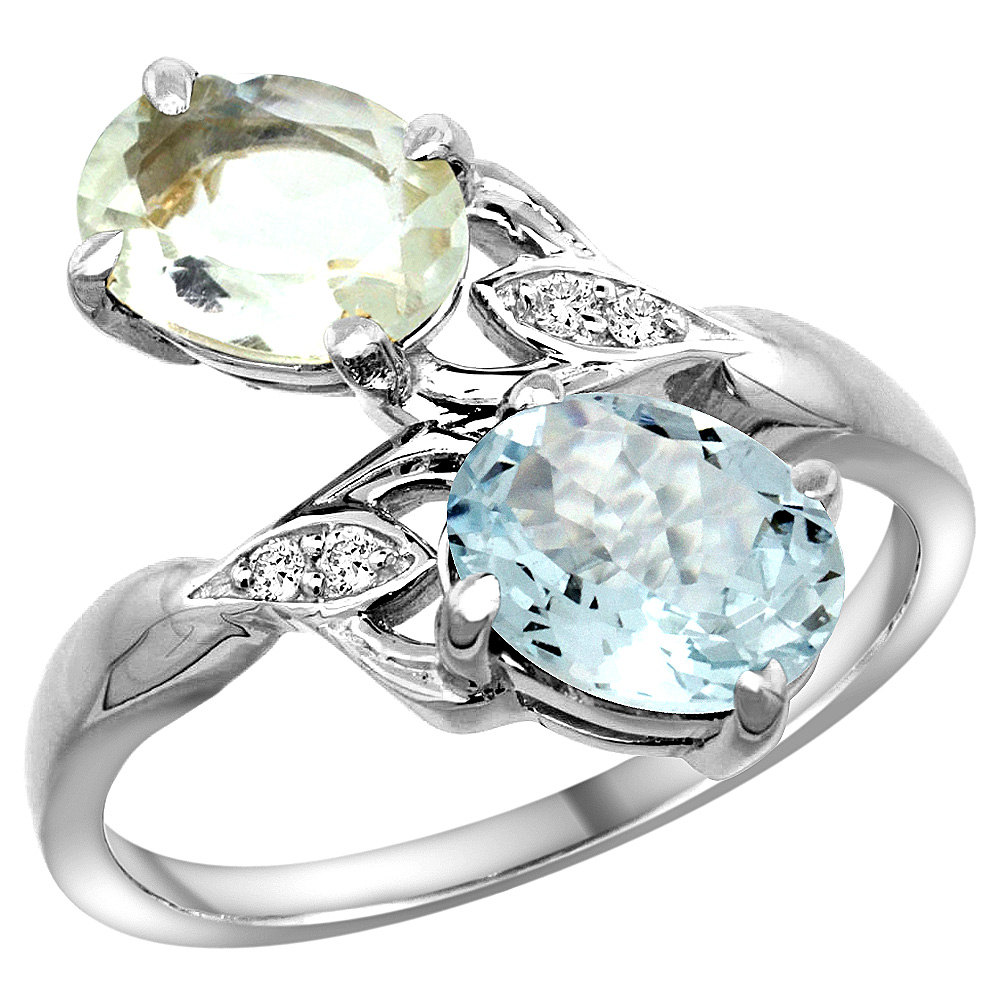 14k White Gold Diamond Natural Green Amethyst &amp; Aquamarine 2-stone Ring Oval 8x6mm, sizes 5 - 10