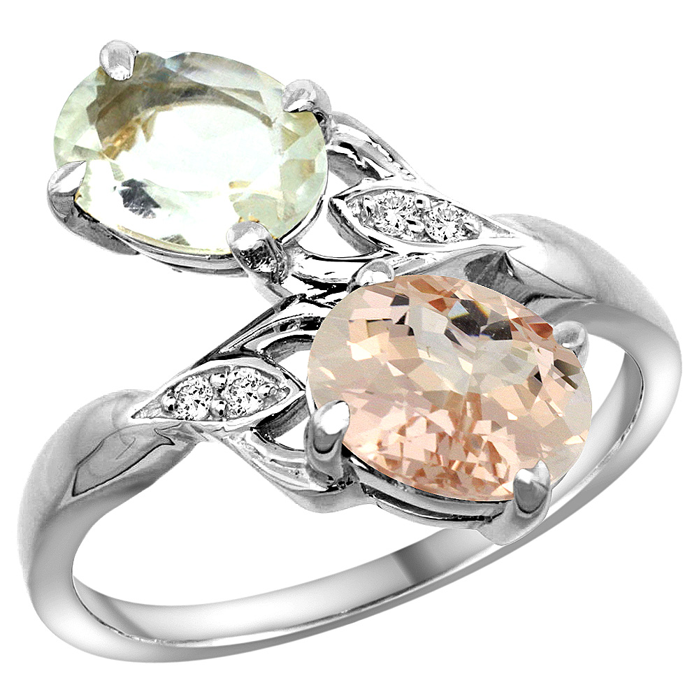 14K WHITE GOLD DIAMOND NATURAL GREEN AMETHYST & MORGANITE 2-STONE RING OVAL 8X6MM, SIZES 5 - 10