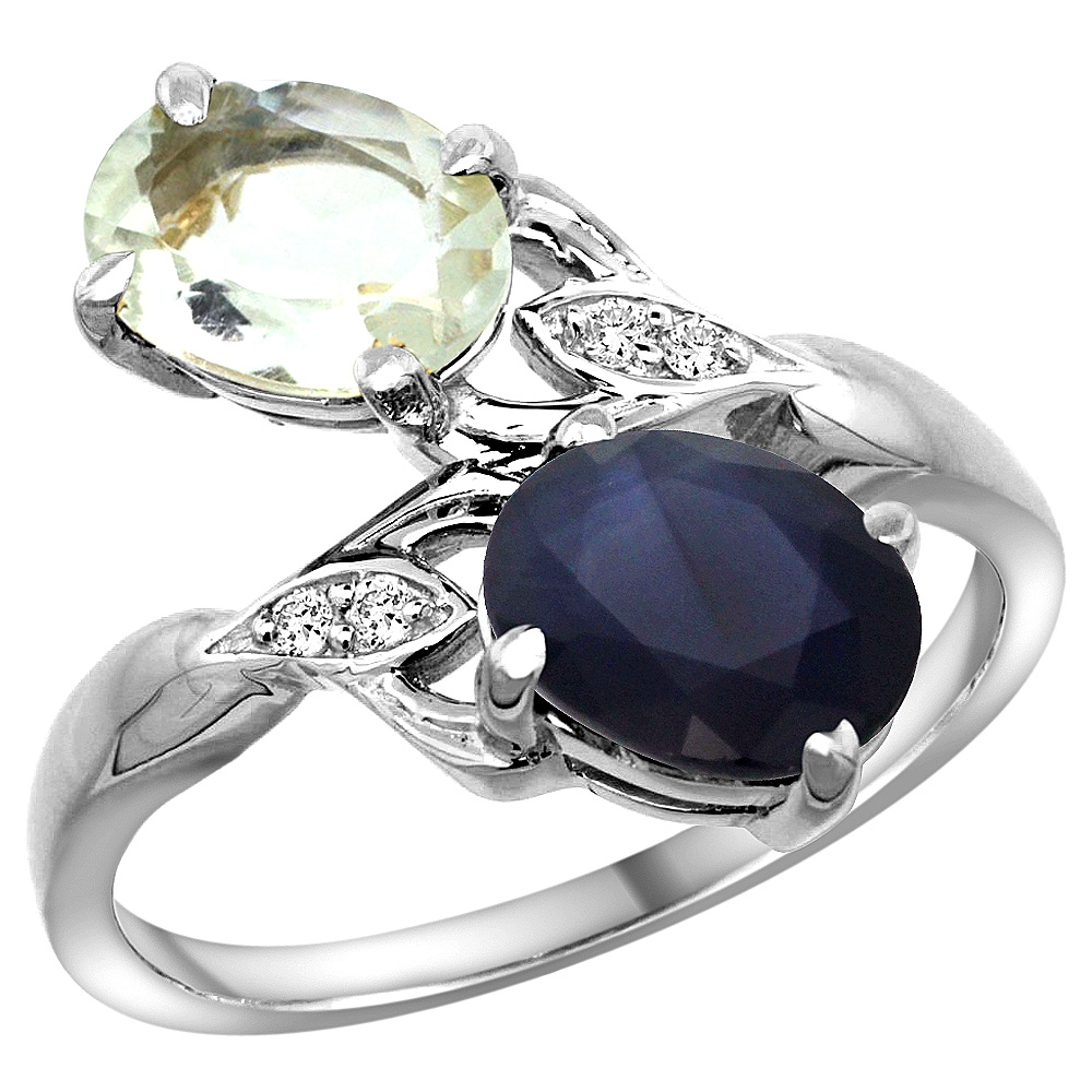 10K White Gold Diamond Natural Green Amethyst &amp; Blue Sapphire 2-stone Ring Oval 8x6mm, sizes 5 - 10