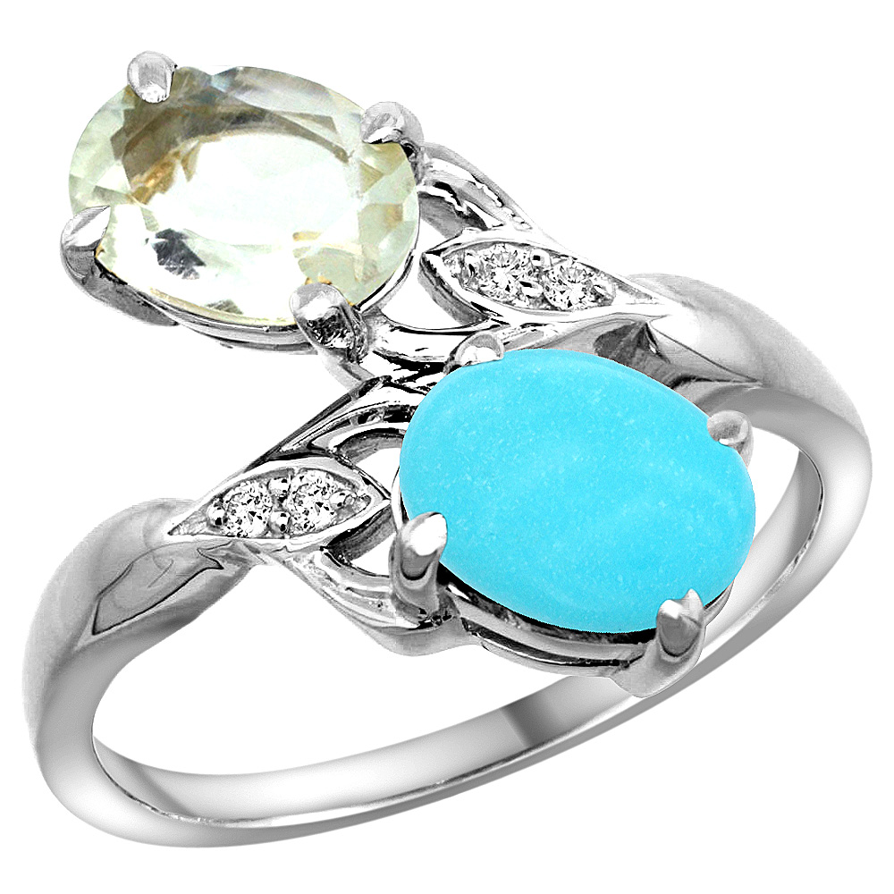 14k White Gold Diamond Natural Green Amethyst &amp; Turquoise 2-stone Ring Oval 8x6mm, sizes 5 - 10