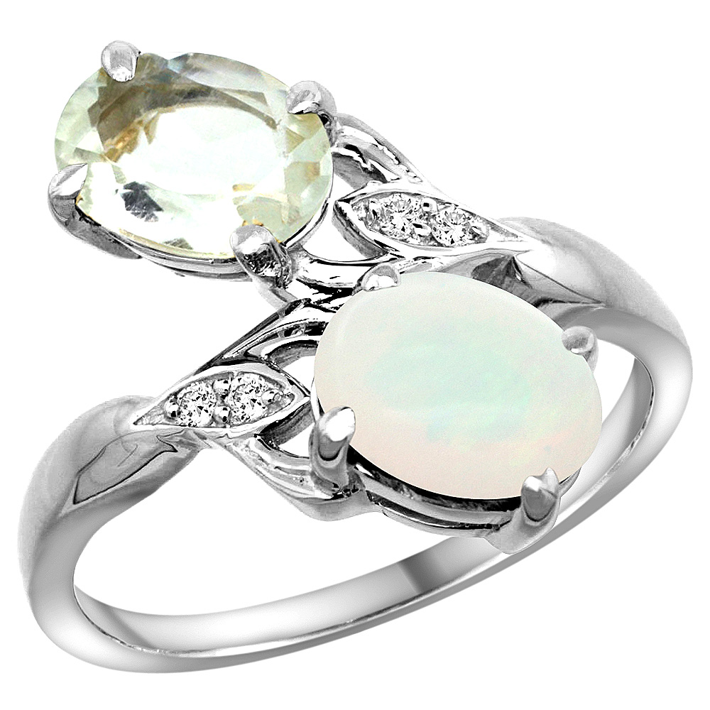 14k White Gold Diamond Natural Green Amethyst &amp; Opal 2-stone Ring Oval 8x6mm, sizes 5 - 10