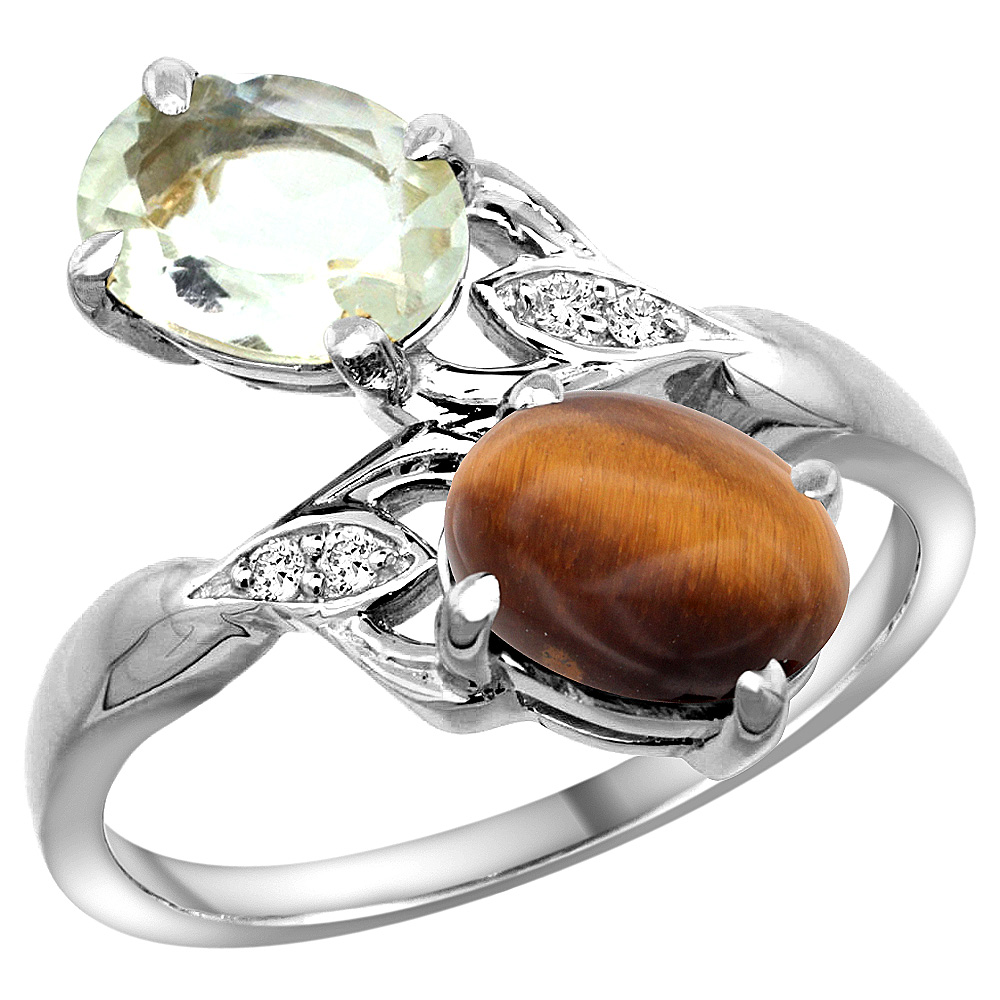 14k White Gold Diamond Natural Green Amethyst &amp; Tiger Eye 2-stone Ring Oval 8x6mm, sizes 5 - 10
