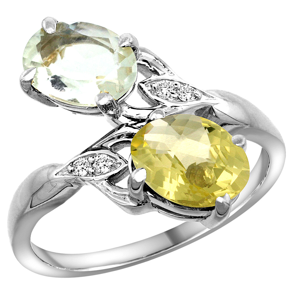 14k White Gold Diamond Natural Green Amethyst & Lemon Quartz 2-stone Ring Oval 8x6mm, sizes 5 - 10