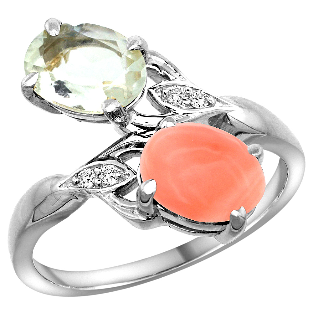 14k White Gold Diamond Natural Green Amethyst &amp; Coral 2-stone Ring Oval 8x6mm, sizes 5 - 10
