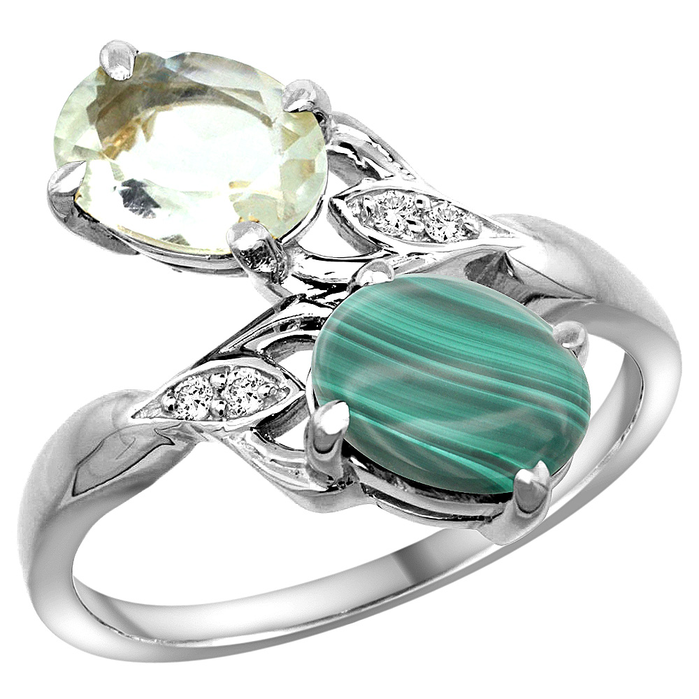 14K WHITE GOLD DIAMOND NATURAL GREEN AMETHYST & MALACHITE 2-STONE RING OVAL 8X6MM, SIZES 5 - 10