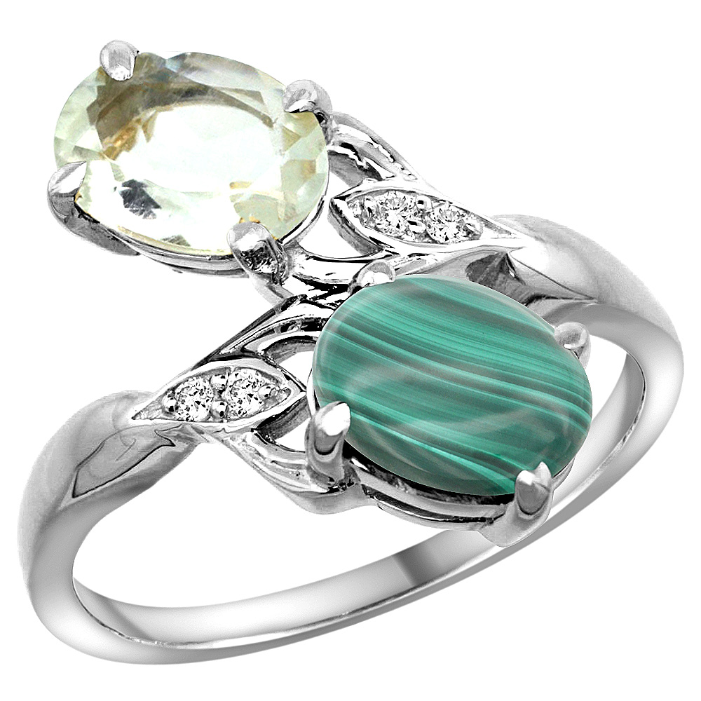 10K White Gold Diamond Natural Green Amethyst & Malachite 2-stone Ring Oval 8x6mm, sizes 5 - 10