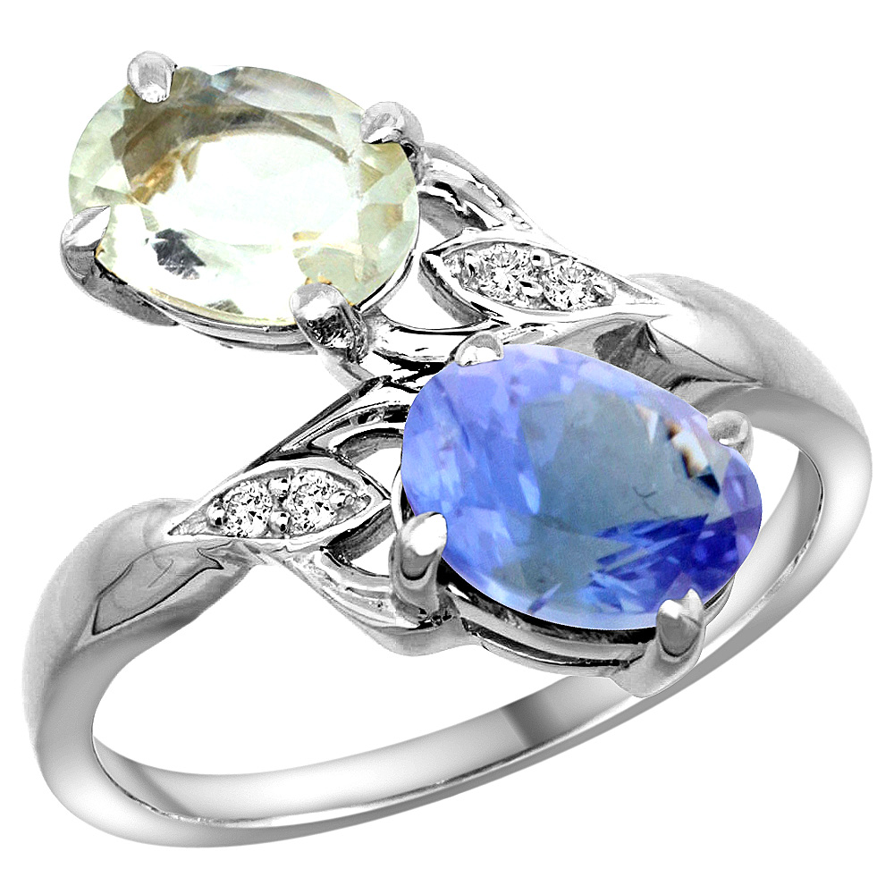 14K WHITE GOLD DIAMOND NATURAL GREEN AMETHYST & TANZANITE 2-STONE RING OVAL 8X6MM, SIZES 5 - 10