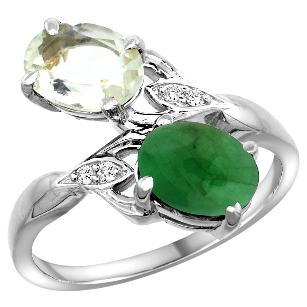 14K WHITE GOLD DIAMOND NATURAL GREEN AMETHYST & CABOCHON EMERALD 2-STONE RING OVAL 8X6MM, SIZES 5 - 10