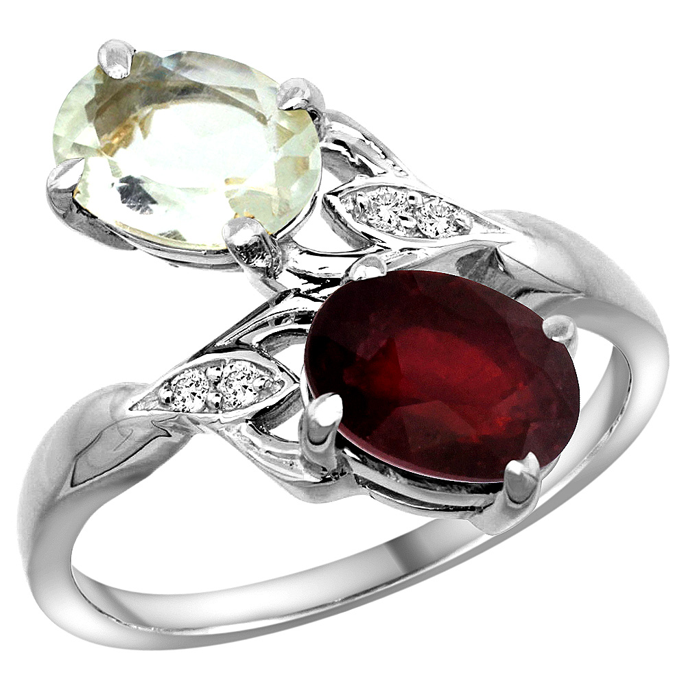 14k White Gold Diamond Natural Green Amethyst & Quality Ruby 2-stone Mothers Ring Oval 8x6mm, size 5 - 10