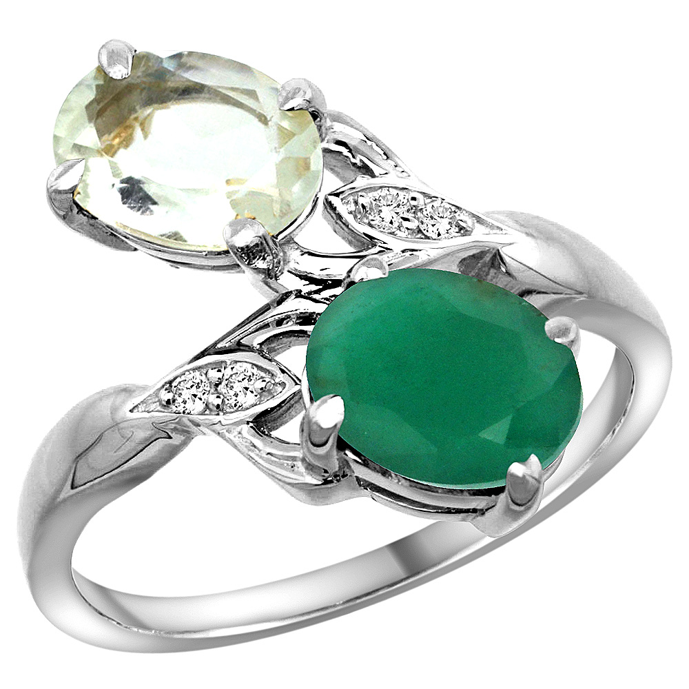 14K WHITE GOLD DIAMOND NATURAL GREEN AMETHYST & QUALITY EMERALD 2-STONE MOTHERS RING OVAL 8X6MM,SZ5 - 10