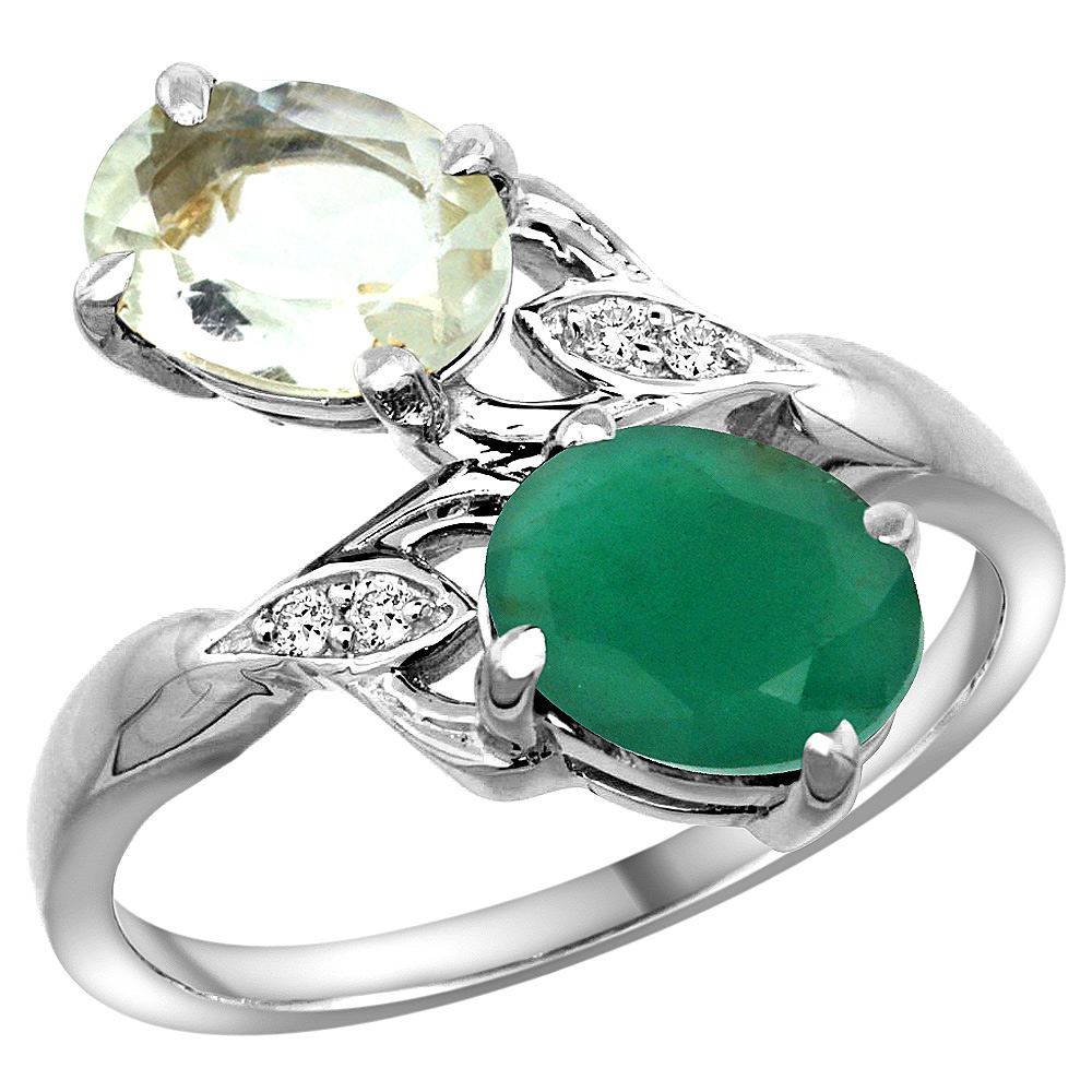 10K White Gold Diamond Natural Green Amethyst & Quality Emerald 2-stone Mothers Ring Oval 8x6mm,sz5-10
