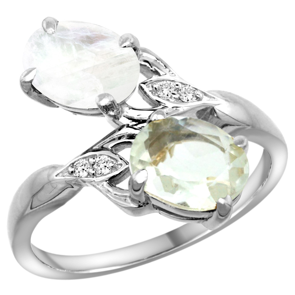 14K WHITE GOLD DIAMOND NATURAL GREEN AMETHYST & RAINBOW MOONSTONE 2-STONE RING OVAL 8X6MM, SIZES 5 - 10