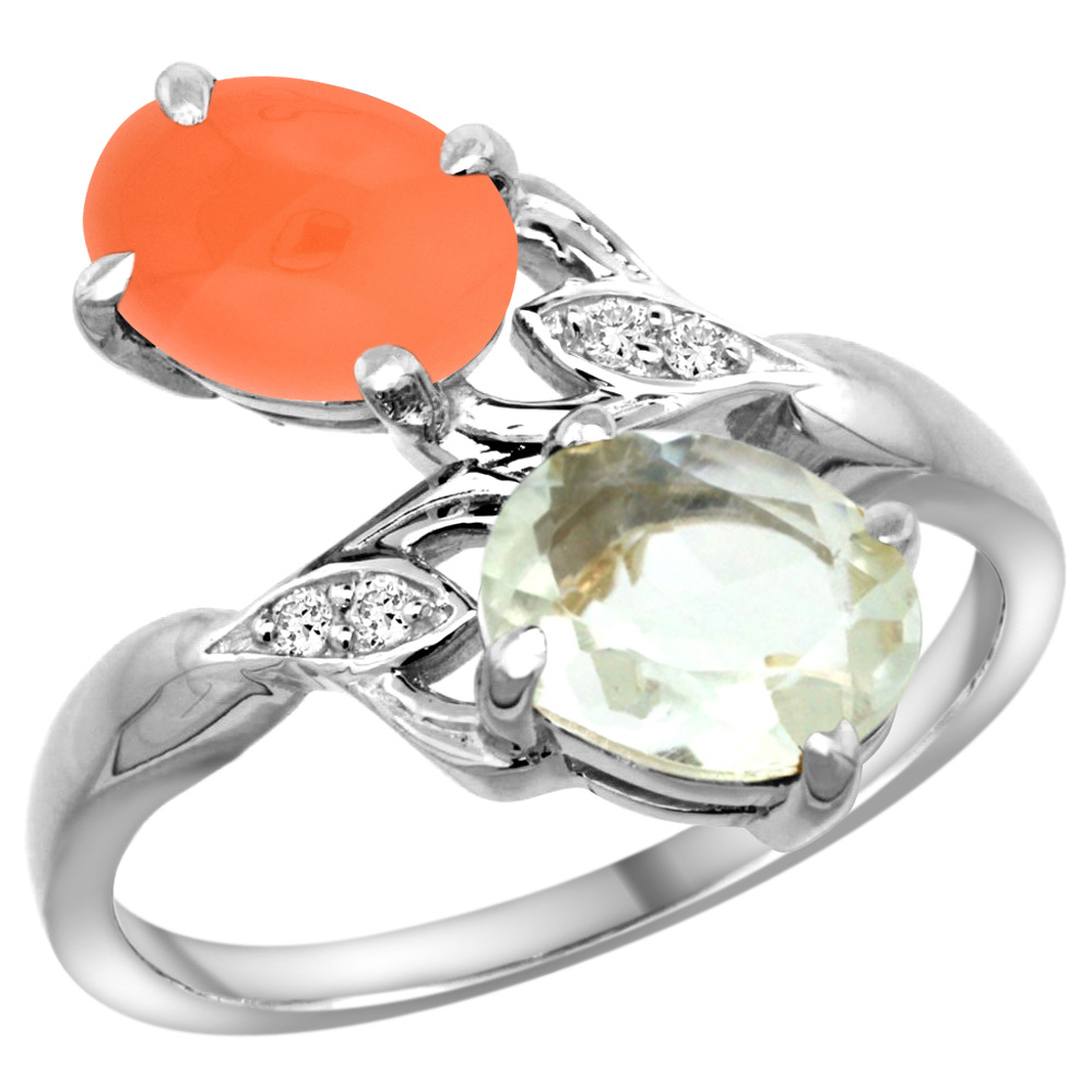 14k White Gold Diamond Natural Green Amethyst &amp; Orange Moonstone 2-stone Ring Oval 8x6mm, sizes 5 - 10