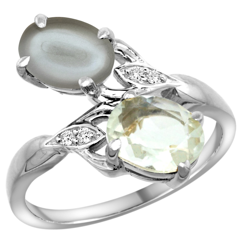 14K WHITE GOLD DIAMOND NATURAL GREEN AMETHYST & GRAY MOONSTONE 2-STONE RING OVAL 8X6MM, SIZES 5 - 10