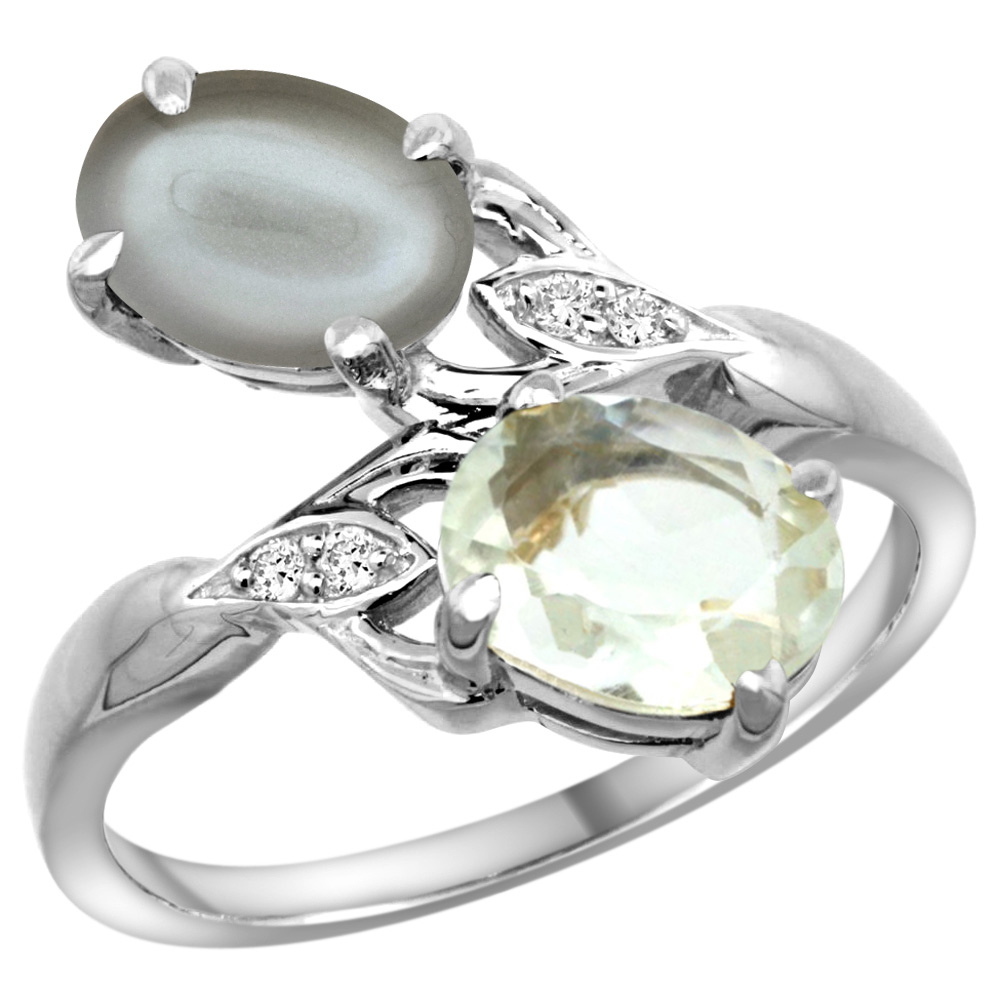 10K White Gold Diamond Natural Green Amethyst &amp; Gray Moonstone 2-stone Ring Oval 8x6mm, sizes 5 - 10