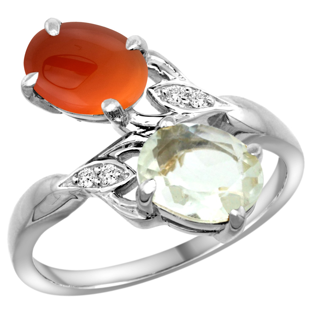 14k White Gold Diamond Natural Green Amethyst &amp; Brown Agate 2-stone Ring Oval 8x6mm, sizes 5 - 10
