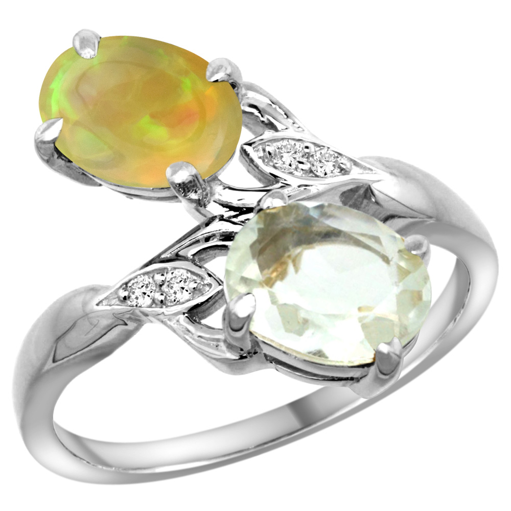 14k White Gold Diamond Natural Green Amethyst & Ethiopian Opal 2-stone Mothers Ring Oval 8x6mm, size5-10