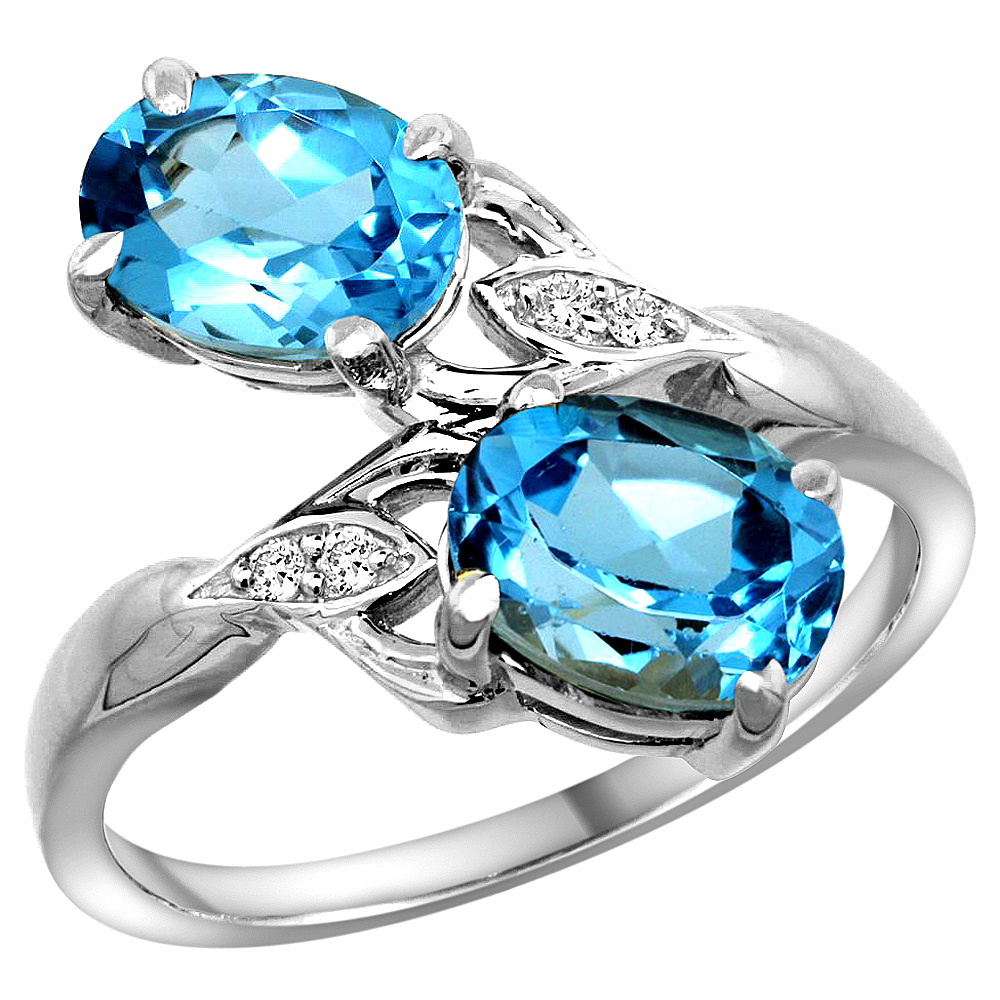 14K WHITE GOLD DIAMOND NATURAL SWISS BLUE TOPAZ 2-STONE RING OVAL 8X6MM, SIZES 5 - 10