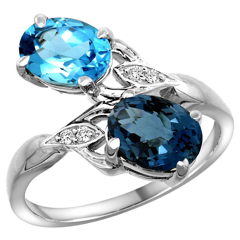 14k White Gold Diamond Natural Swiss &amp; London Blue Topaz 2-stone Ring Oval 8x6mm, sizes 5 - 10