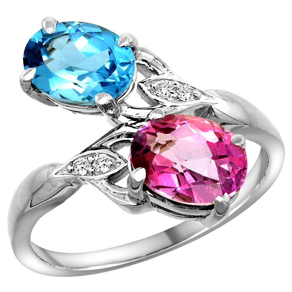 14k White Gold Diamond Natural Swiss Blue &amp; Pink Topaz 2-stone Ring Oval 8x6mm, sizes 5 - 10