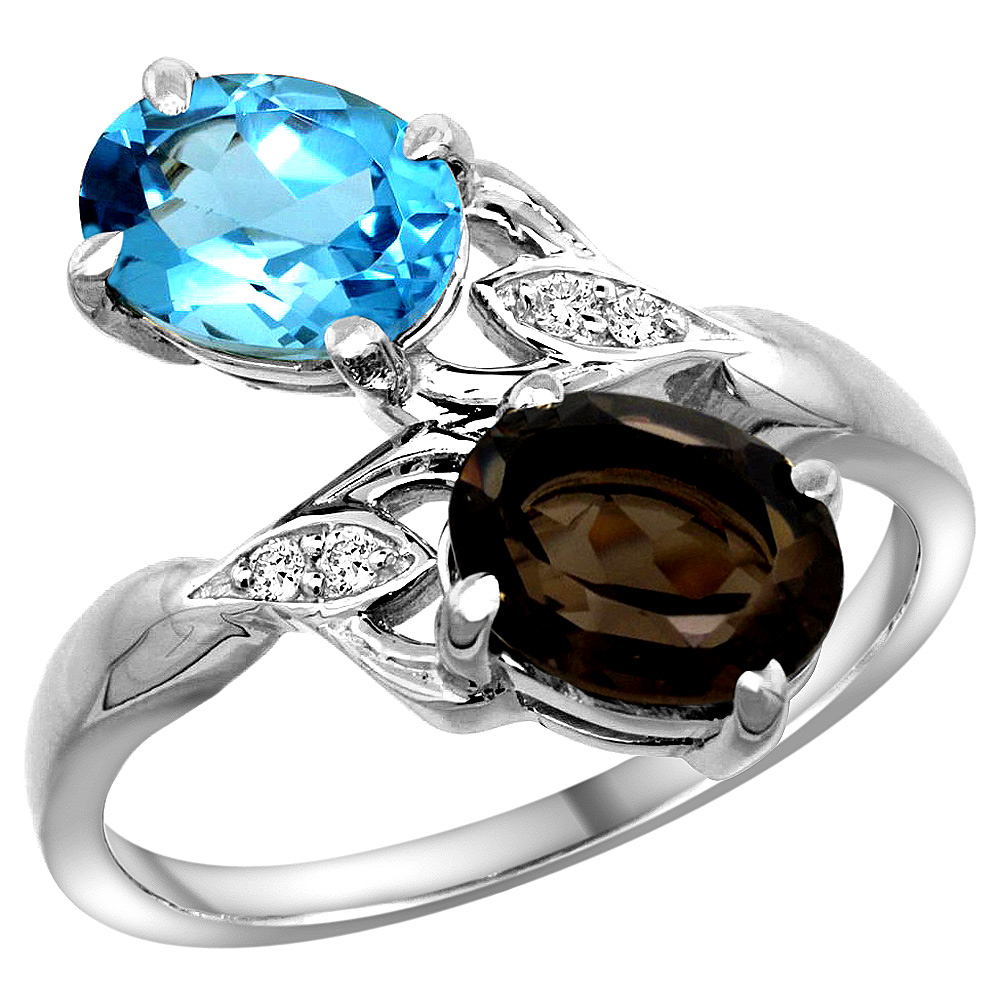 14k White Gold Diamond Natural Swiss Blue & Smoky Topaz 2-stone Ring Oval 8x6mm, sizes 5 - 10