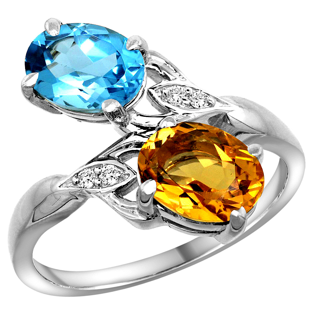 14k White Gold Diamond Natural Swiss Blue Topaz &amp; Citrine 2-stone Ring Oval 8x6mm, sizes 5 - 10