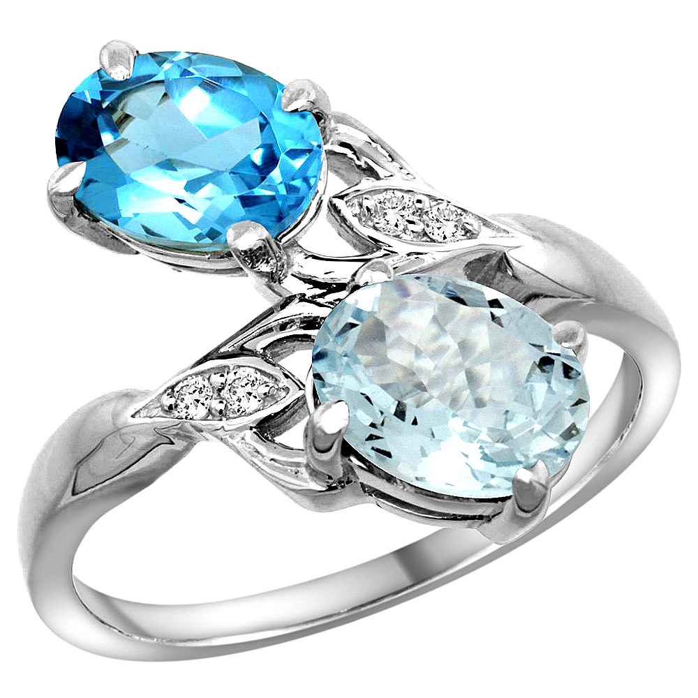 14k White Gold Diamond Natural Swiss Blue Topaz &amp; Aquamarine 2-stone Ring Oval 8x6mm, sizes 5 - 10