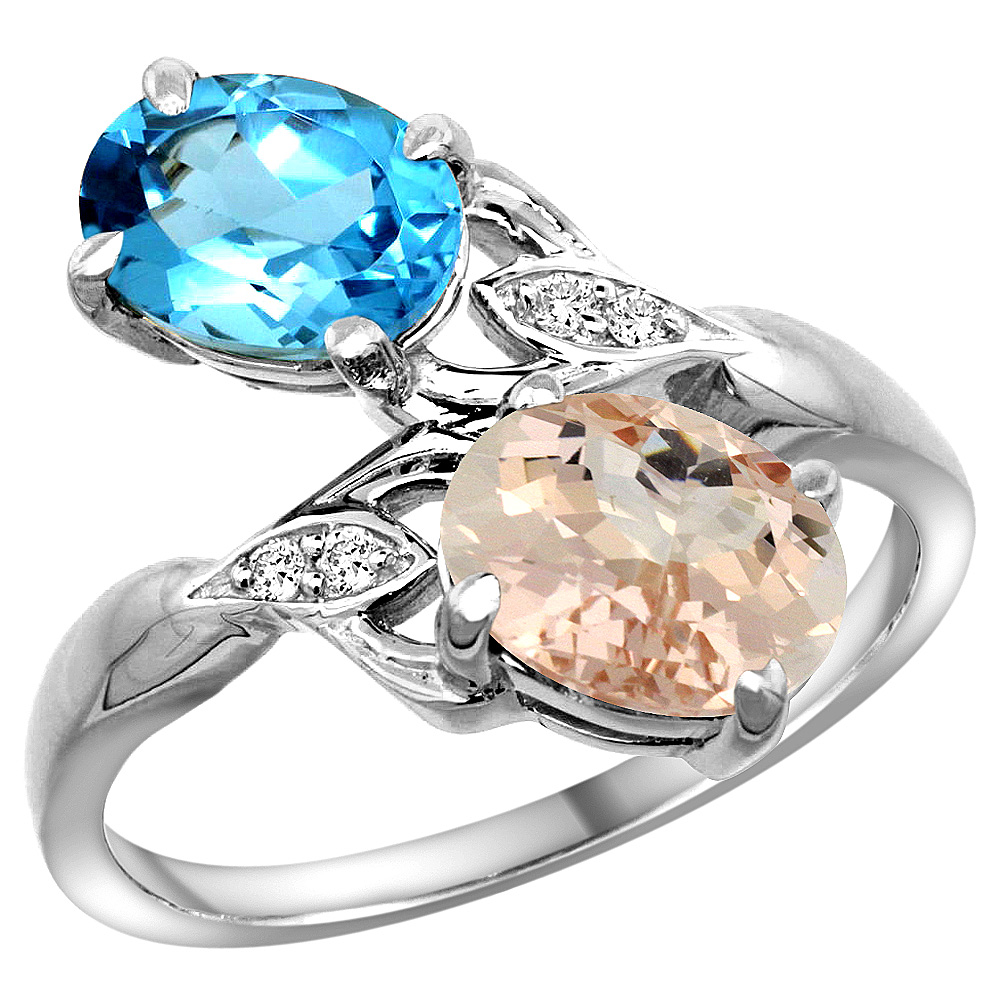 14K WHITE GOLD DIAMOND NATURAL SWISS BLUE TOPAZ & MORGANITE 2-STONE RING OVAL 8X6MM, SIZES 5 - 10