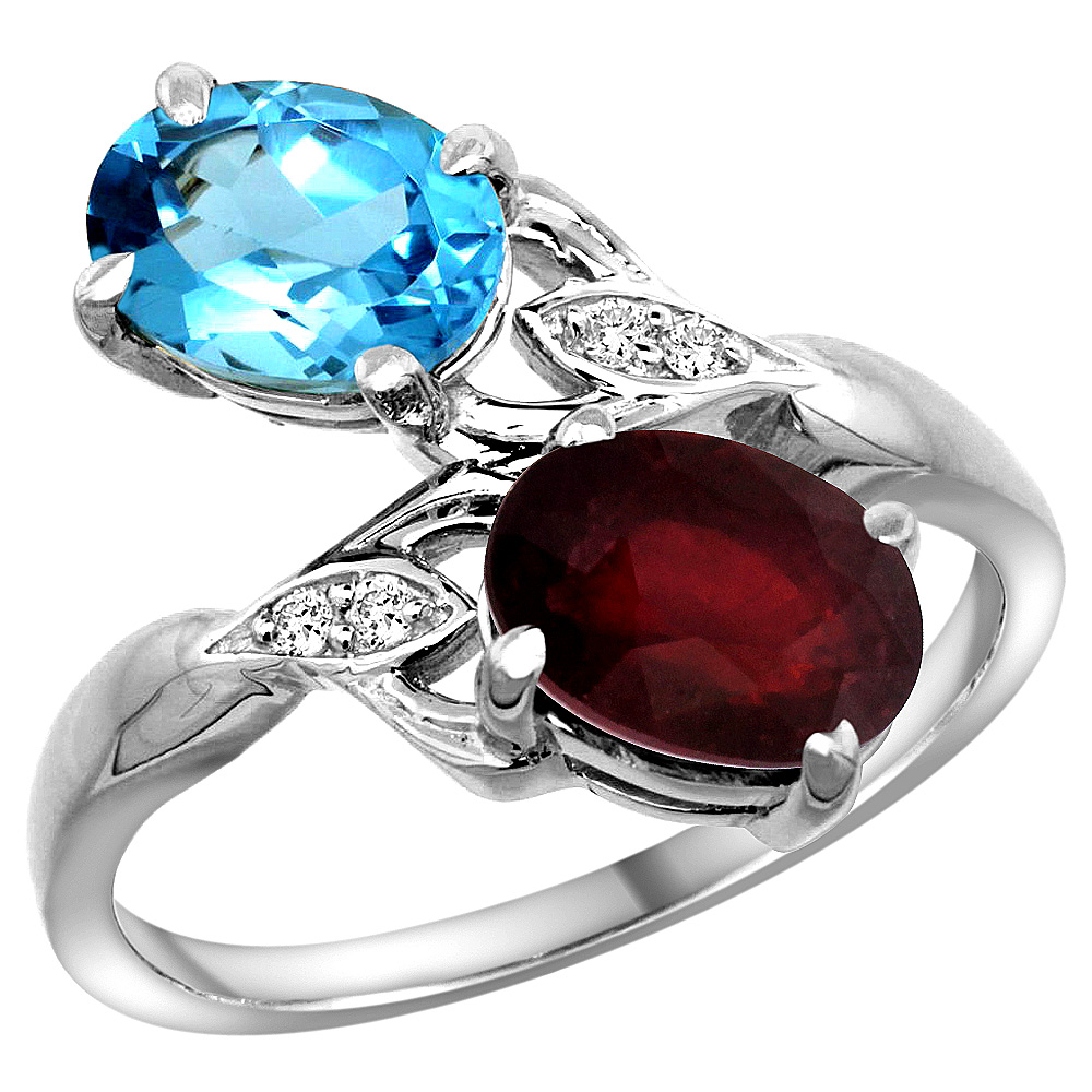 14K WHITE GOLD DIAMOND NATURAL SWISS BLUE TOPAZ & ENHANCED GENUINE RUBY 2-STONE RING OVAL 8X6MM, SIZES 5 - 10