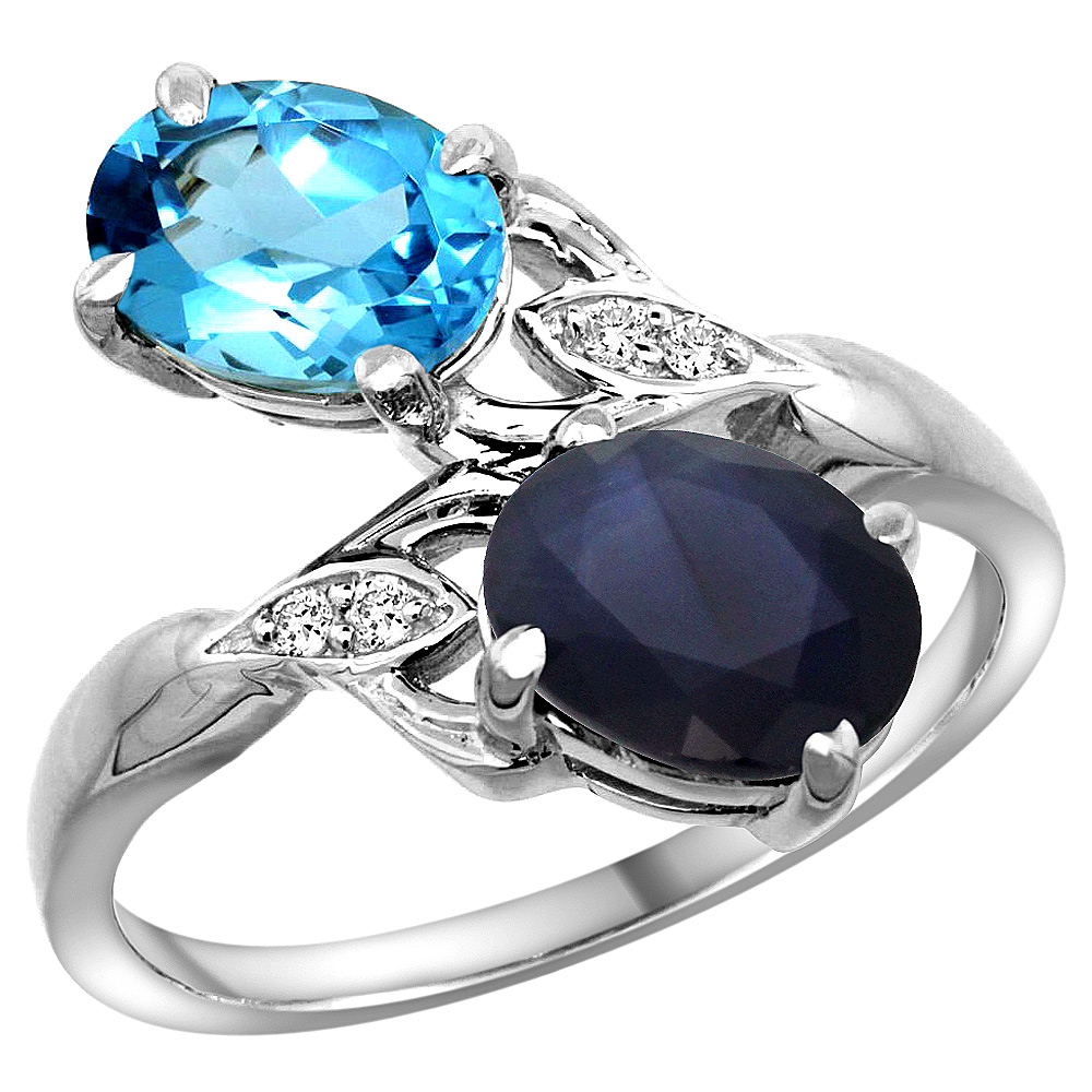14K WHITE GOLD DIAMOND NATURAL SWISS BLUE TOPAZ & BLUE SAPPHIRE 2-STONE RING OVAL 8X6MM, SIZES 5 - 10