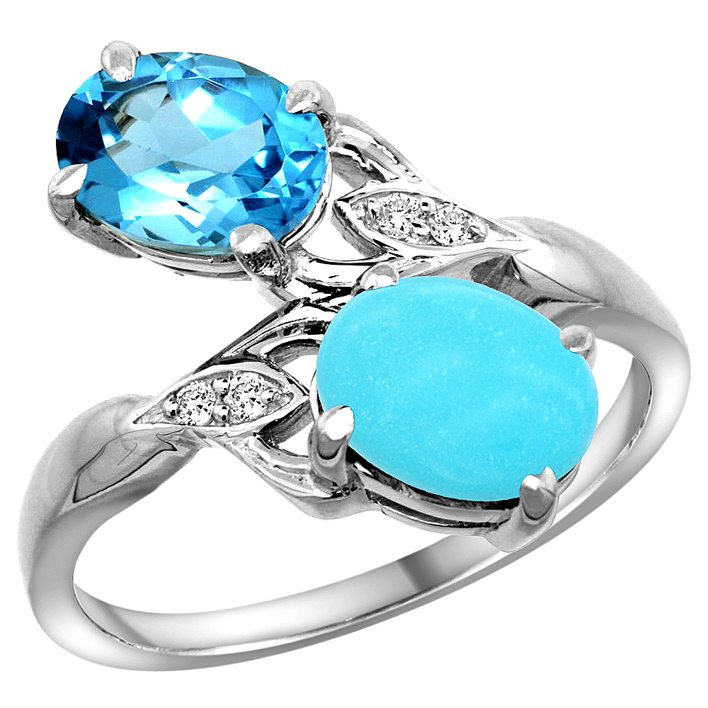 14k White Gold Diamond Natural Swiss Blue Topaz &amp; Turquoise 2-stone Ring Oval 8x6mm, sizes 5 - 10