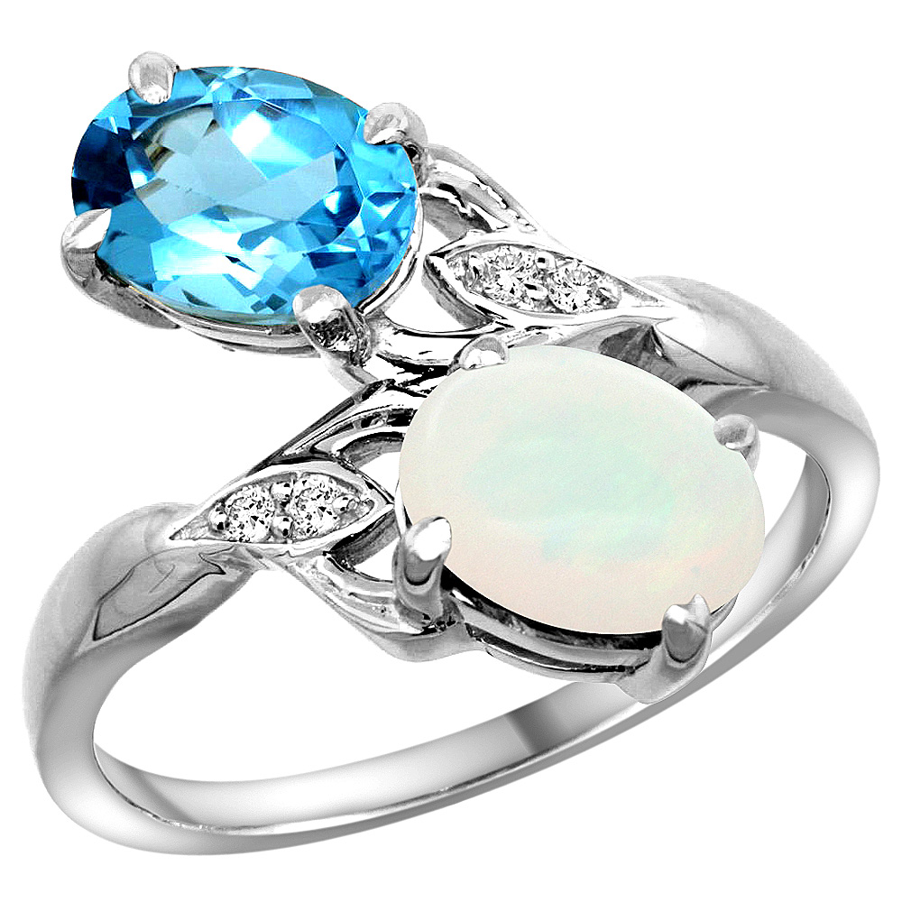 14k White Gold Diamond Natural Swiss Blue Topaz & Opal 2-stone Ring Oval 8x6mm, sizes 5 - 10