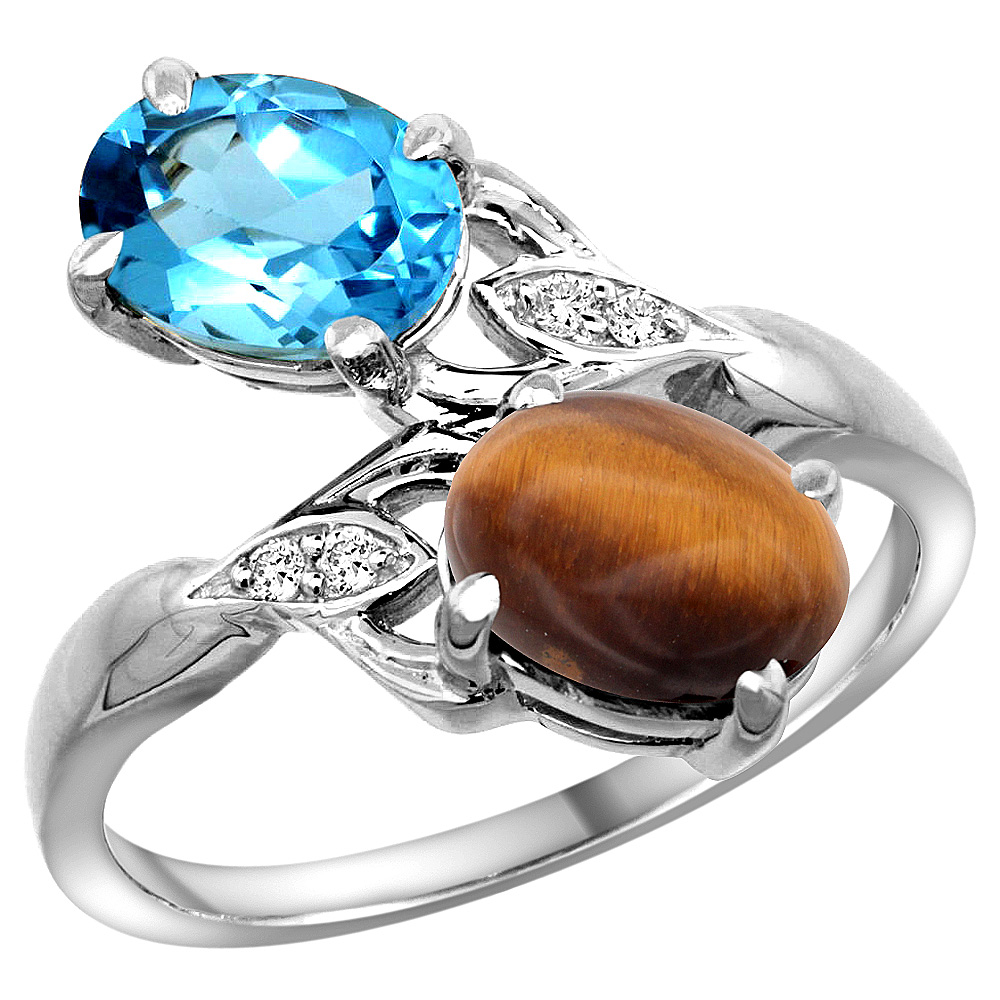 14K WHITE GOLD DIAMOND NATURAL SWISS BLUE TOPAZ & TIGER EYE 2-STONE RING OVAL 8X6MM, SIZES 5 - 10